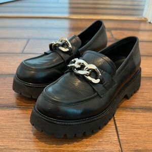 Black Loafers with Silver Chain Detail